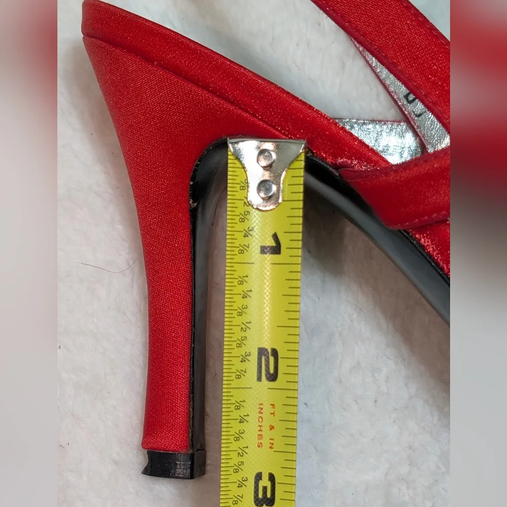 Charles Jourdan Paris Scarlet Red Satin Heels Rhinestone Square Buckle Womens 10 - Picture 12 of 12